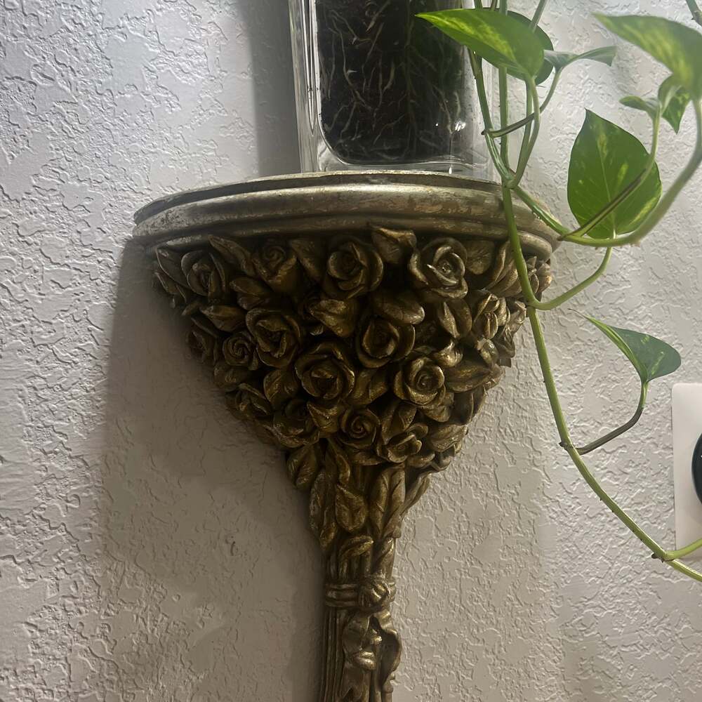 Vintage Ornate Gold Rose Wall Corbel Sconce - Decorative Floral Floating Shelf
